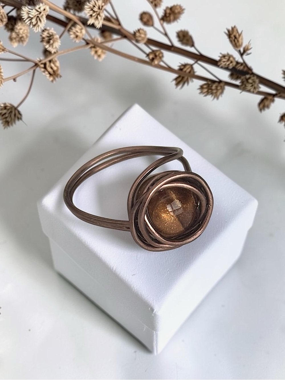 5 For $25💫Handcrafted Bronze Wire Nest Ring With a Brown Acrylic Bead Accent